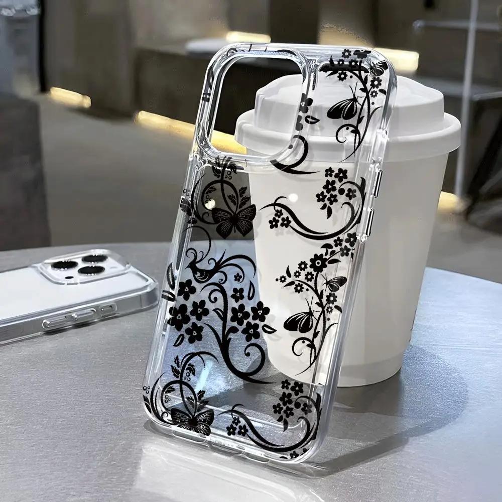Flowers Pattern Transparent Phone Case suitable for iPhone 16E16Pro 16Pro Max 16Plus to 11 12 13 14 15 serie Transparency