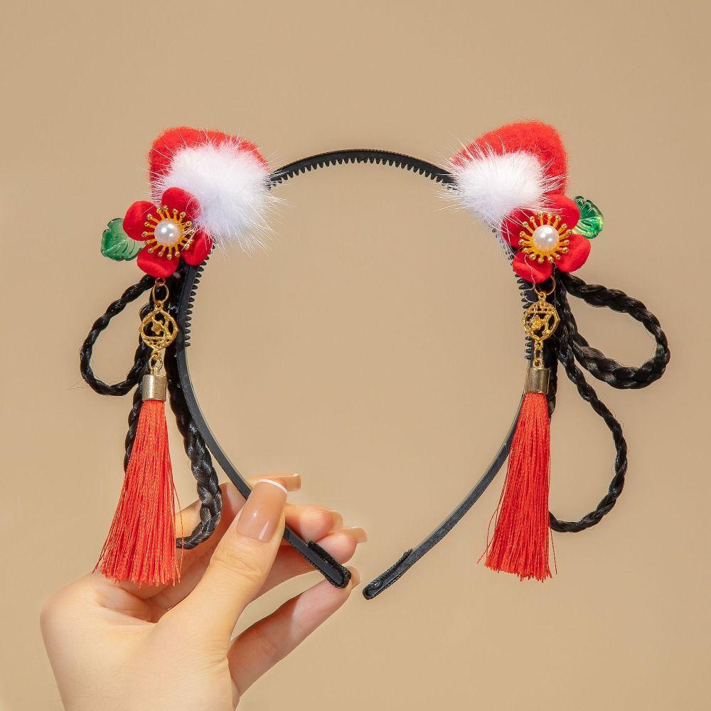 Красный парик ханьфу, повязка на голову с жемчугом, новогодний головной убор, традиционная повязка на голову с цветочной кисточкой для детей