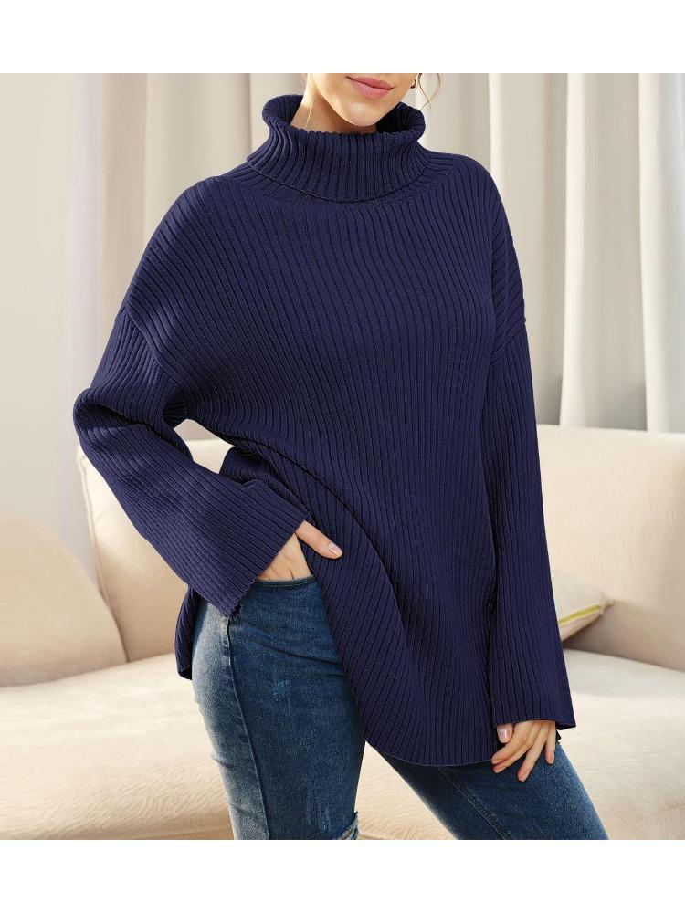Осень Зима Водолазка Оверсайз Свитер Женский Разрез Длинный Рукав В рубчик Роскошный Расслабленный крой Стройнящий Универсальный Топ