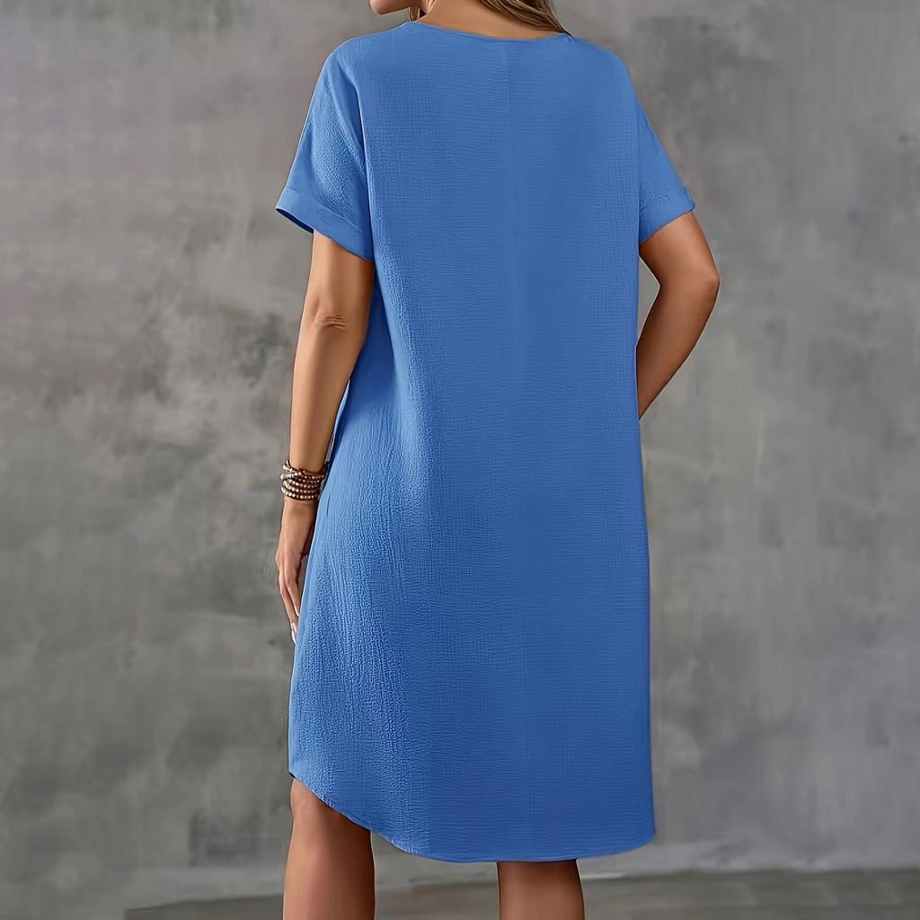 Женское летнее повседневное однотонное платье с круглым вырезом и коротким рукавом средней длины свободного покроя