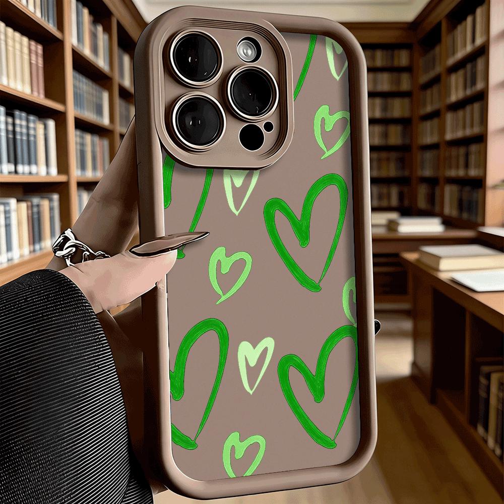 Green Heart Pattern Phone Case for iPhone 17 16 15 14 13 12 11 Pro Max Plus Anti Scratch, Gel Flexible Protective