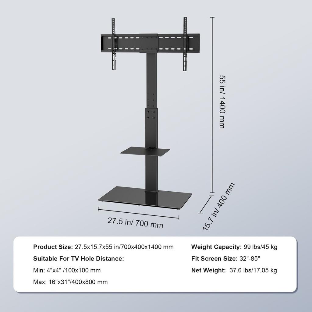 TV Stand Mount, Swivel Tall TV Stand for 32 to 85 inch TVs, Height Adjustable Portable Floor TV Stand with Tempered Glass Base for Bedroom, Living