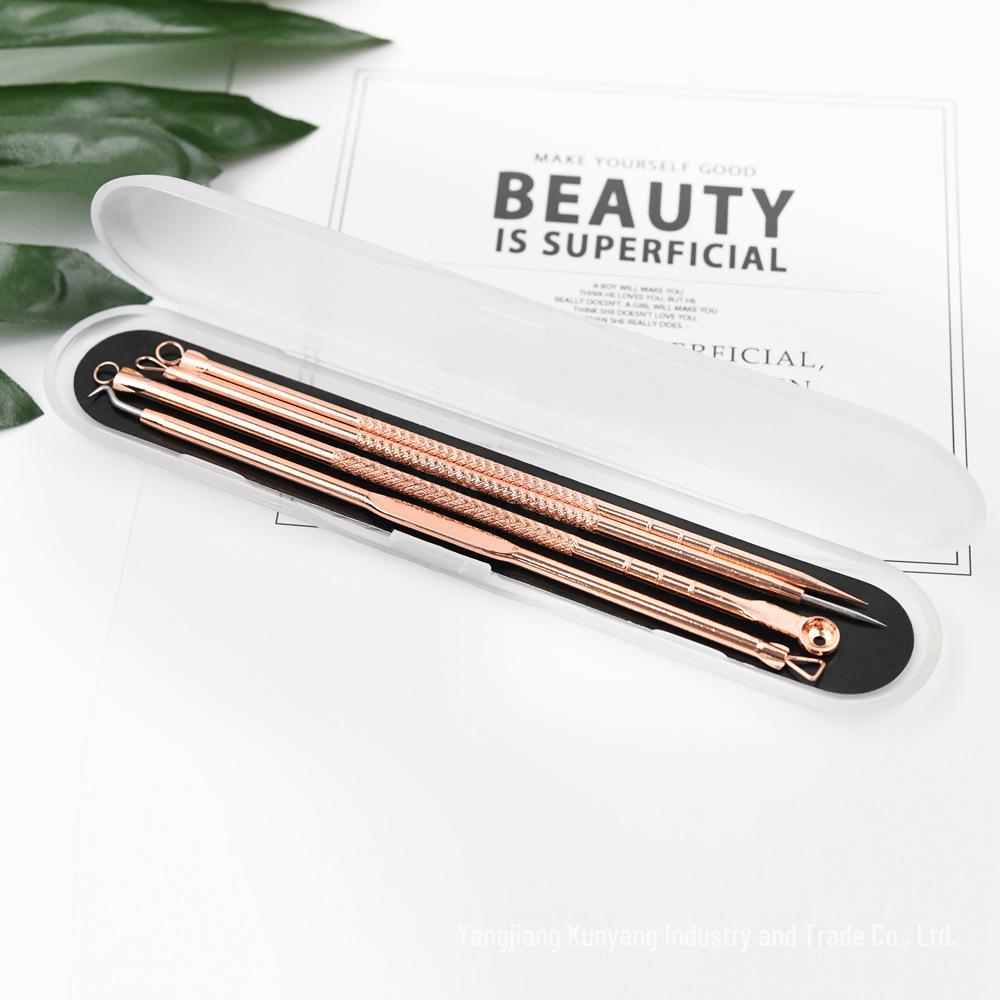 Набор игл для чистки пор и акне из нержавеющей стали Rose Gold с пинцетом - 4 шт.