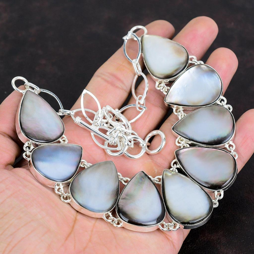 Черное перламутровое ожерелье из драгоценных камней, серебряное ожерелье с регулируемой цепочкой, ожерелье ручной работы, подарки для женщин, украшения в стиле бохо