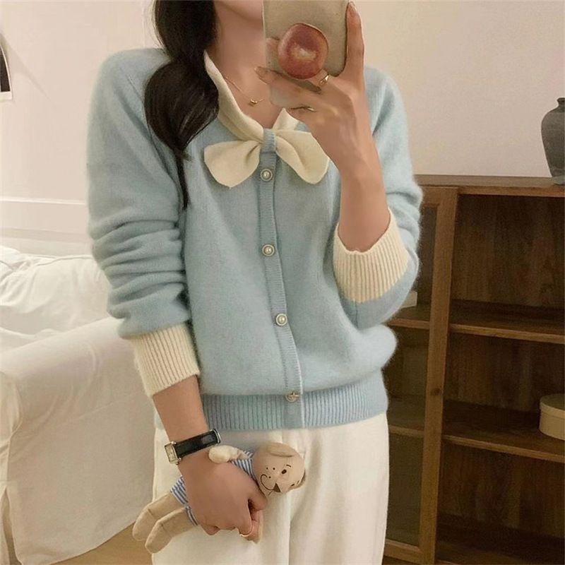 Французский нежный стиль, весенний новый свитер с маленьким бантом, круглым вырезом, длинными рукавами, контрастный красный женский вязаный кардиган