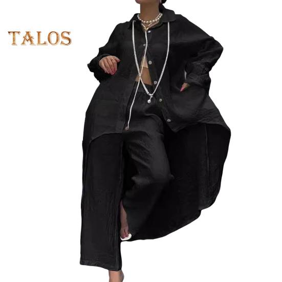 2 Pcs/Set Fall Spring Women Shirt Pants Set Long Sleeves Lapel Lace Cuff Button-down Irregular Hem Blouse Elastic Waist Trousers OL Commuting Sport