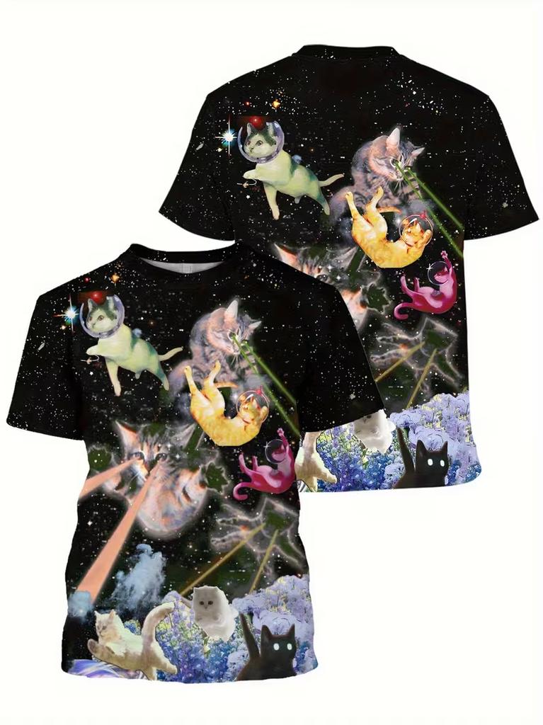 Adult and Children Interstellar Space Cat T-Shirt Cosmic Laser Cat Cute 3D Print Sci-Fi Personality Short Sleeve