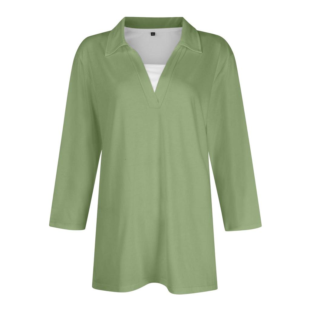 Женская модная повседневная свободная однотонная футболка с рукавом 3/4 с лацканами, женский топ