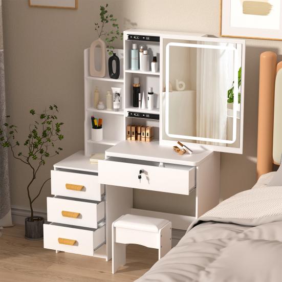 Vanity Desk with LED Lighted Mirror Makeup Mirror, Table 4 Drawers and Opening Shelves, Bedroom Dressing Stool