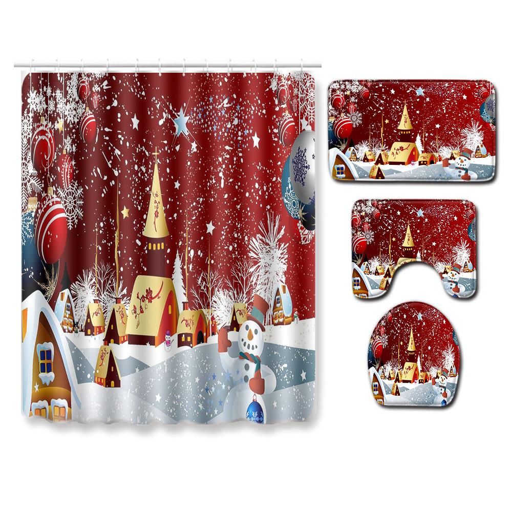 Christmas Bathroom Non-Slip Door Mat, Shower Curtain Floor Mat Combination Four-Piece Toilet Absorbent Carpet