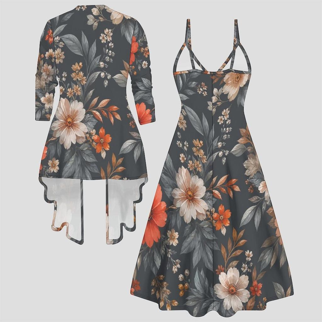 Women Plus Size Two Piece Outfit Long Sleeve Open Cardigan Cami Maxi Dress
