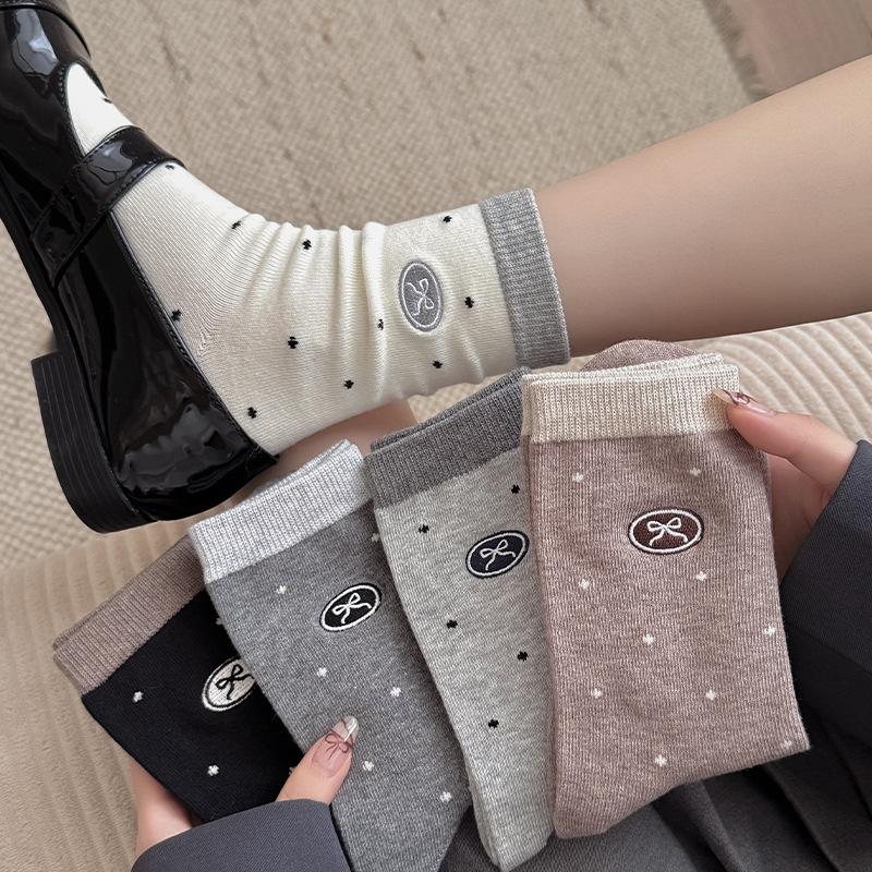 Boneless Polka Dot Socks Cotton Socks White Medium Tube Socks Autumn Tide Cute Embroidered Bow Stockings