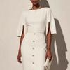 Solid Color Round Neck Knit Dress With Waist Cinching Side Slit Button Detail Women