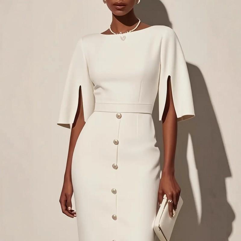 Solid Color Round Neck Knit Dress With Waist Cinching Side Slit Button Detail Women