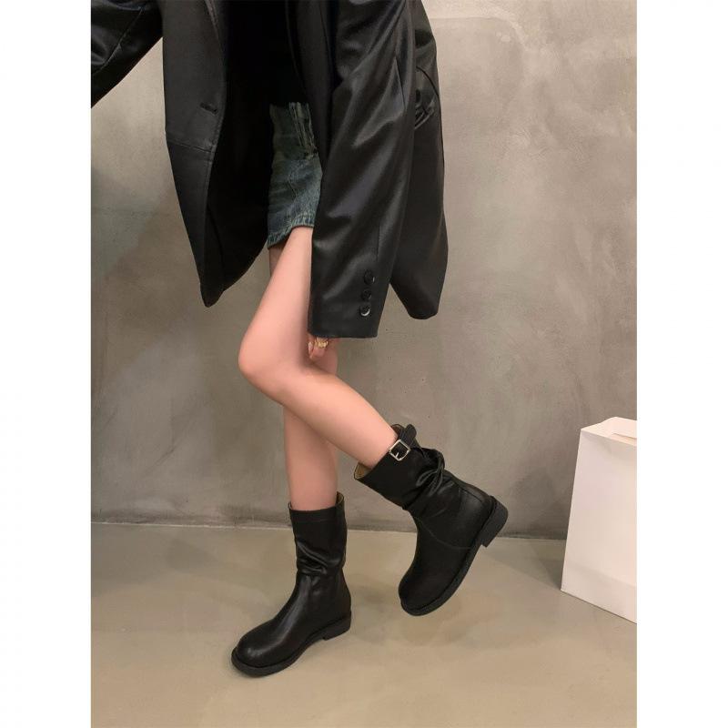 Ретро полусапожки на толстом каблуке, рыцарские сапоги, женская обувь 2025, новые осенне-зимние присборенные короткие сапоги, ботинки Мартин