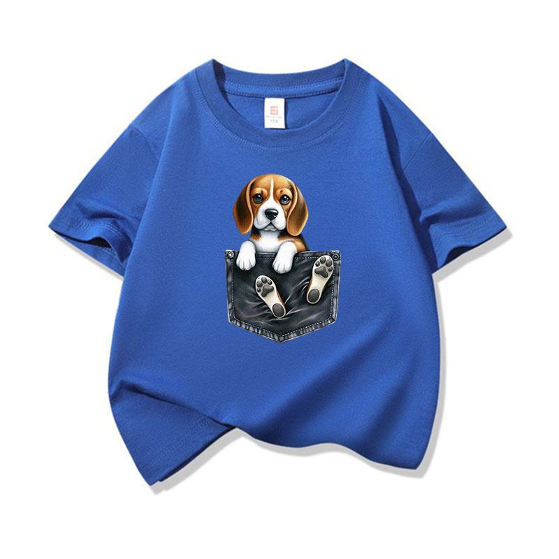 Kids Cotton T Shirt Cute Pocket Beagle Puppy Dog Graphic Crew Neck Short Sleeve Tee Casual Breathable Boys Girls Summer Tops