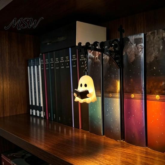 Versatile Hanging Decor Ghost Reading Bookshelf Light, Cute Lamp, Retro Cozy Nook Light Bookends for Halloween Library Study Shape Night