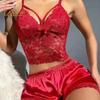 2 шт./комплект женский пижамный комплект ажурный кружевной V-образный вырез без рукавов укороченный топ с высокой талией атласные шорты домашний отпуск День святого Валентина годовщина