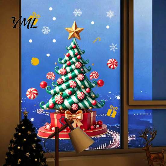 Holiday Glass Decals Christmas Tree Window Decals, Candy Striped Snowflake Wall Stickers, Waterproof Decorative Gifts PVC Removable Clings for