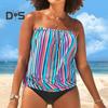 2Pcs/Set Women Swimsuit Set Bandeau Sleeveless Striped Print Swimming Tops High Waist Swimming Trunks Set Beachwear