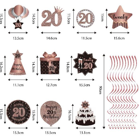 Happy 20th Birthday Party Hanging Swirls Streams Ceiling Decorations, Celebration 20 Foil Hanging Swirls with Cutouts for 20 Years Old Rose Gold