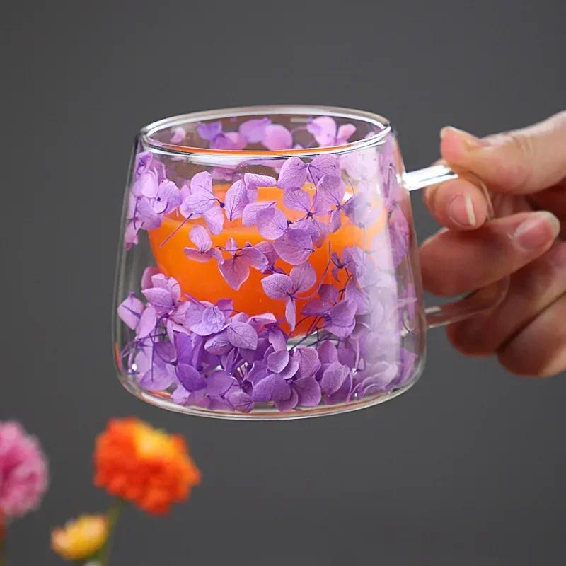 200ml Double Wall Flowers Transparent Glass Coffee Cup with Handle Double-layer Heat Insulation High Temperature Juice Cup