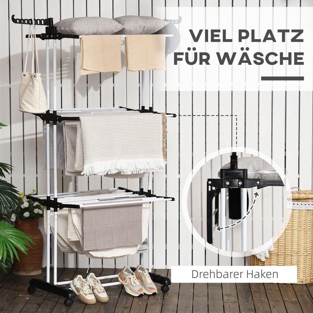 Foldable Clothes Drying Rack, 4-Tier Steel Garment Laundry Rack with Castors for Indoor and Outdoor Use, Black