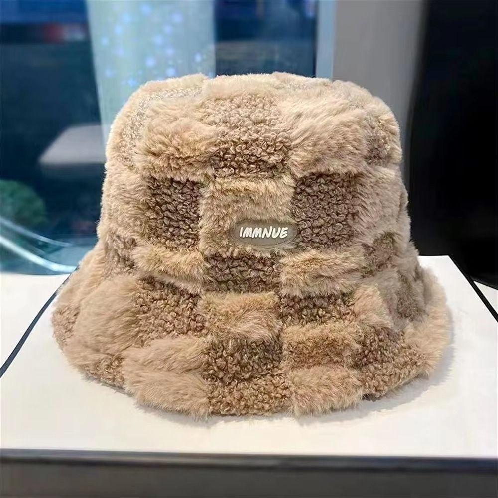 Faux Fur Women Bucket Hat Plaid Checkered Checkered Basin Hat Lamb Wool Fisherman's Hat  Travel