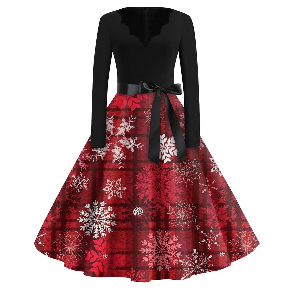 Women's Fashion V-Neck Casual Slim Christmas Printed Long Sleeve Dresses
