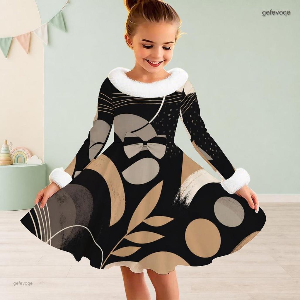 Girls Long Sleeve Faux Fur Collar Abstract Printed A Line Flared Dress With Waist Bow