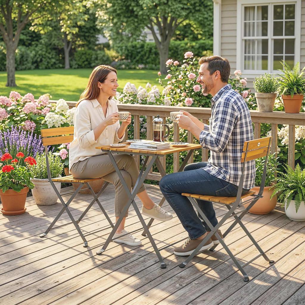 3-Piece Seating Group Dining Set for 2 People, Folding Dining Table with 2 Folding Chairs for Patio Balcony Teak