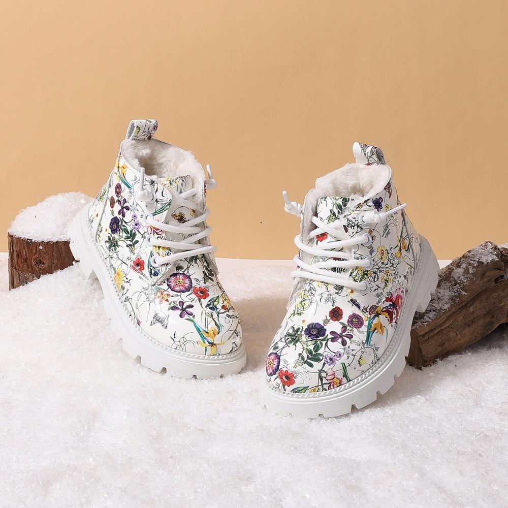 Winter Children Snow Boots For Girls Leather Flower Warm Plush Toddler Kids Shoes Non-slip Cotton Kids Boots