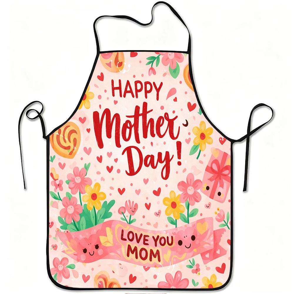 1pc Happy Mother'S Day Love You Mom Floral Heart Gift Print Apron, Durable And Easy to Clean, Adjustable Waistband, Polyester Material, for Kitchen Co