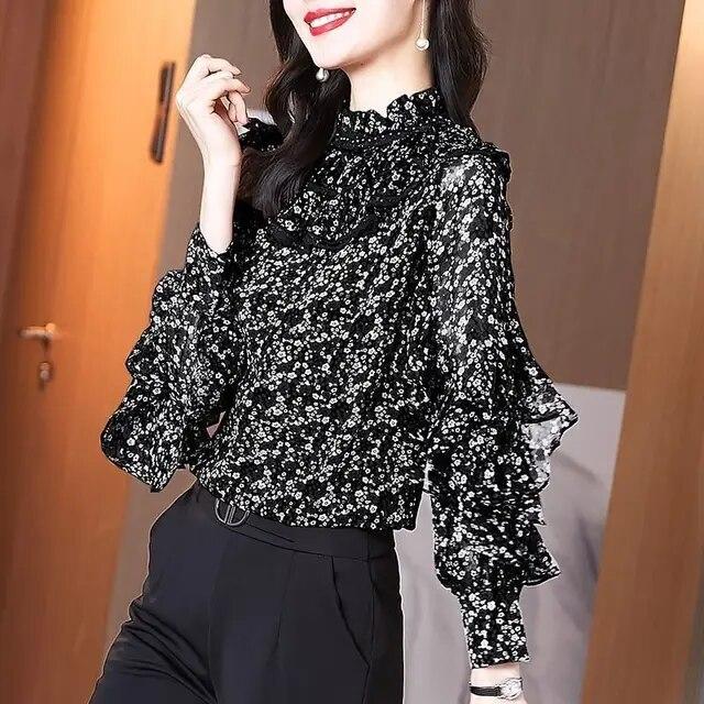 Fashion Chiffon Shirt Spring Autumn Ruffle Edge Stitching Bottoming Blouse New Long Sleeved Thin Top M-4XL