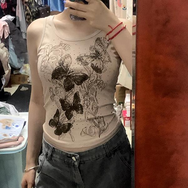 WTEMPO Короткие жилеты с U-образным воротником для девочек, весна-лето, с принтом бабочек, женские облегающие топы без рукавов в стиле ретро