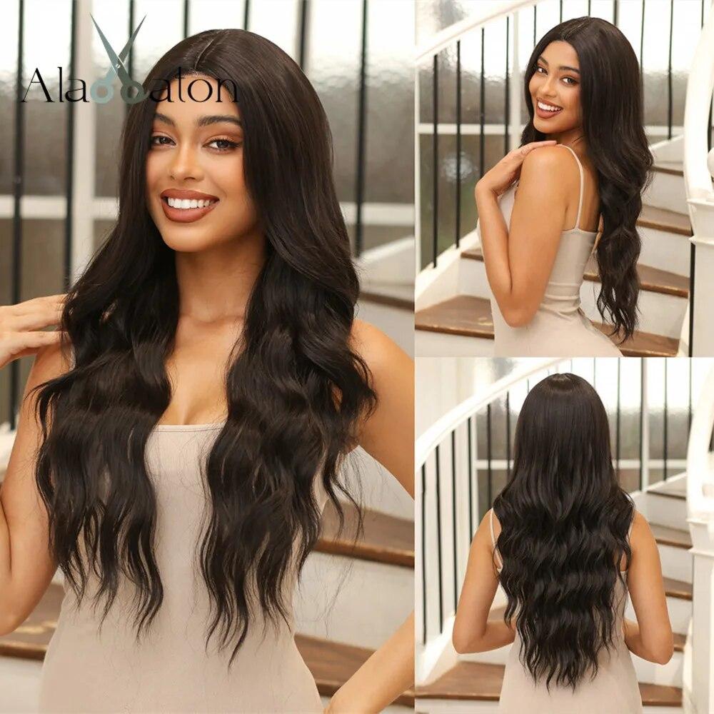 CharmSource Hairline Lace Synthetic Wigs Black Long Wavy Ladies Wig for Women's Cosplay High Density Heat Resistant Fiber