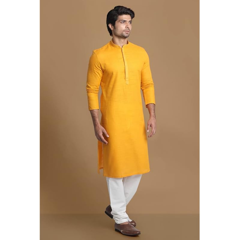 Мужской набор: длинная курточка Manyavar SelfDesign до колена и чуридары - (Горчица, XXXL)