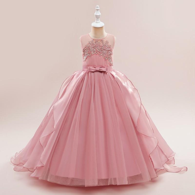 Girls Embroidered Tulle Pageant Dress Long Train Piano Performance Kids Formal Gown