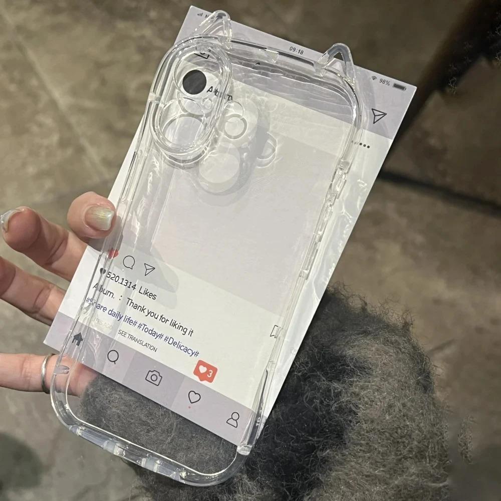 Роскошный 3D Чехол с милыми кошачьими ушками Прозрачный чехол для iPhone 14 15 16 Pro Max Plus 11 12 13 X Xr Xs 7 8 SE 2 Прозрачная противоударная мягкая накладка