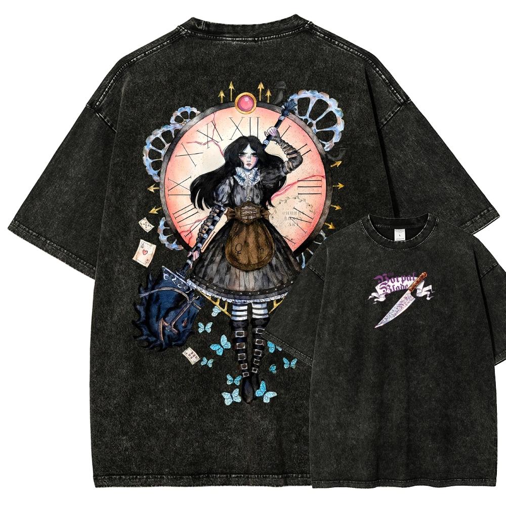 Alice Madness Returns Винтажная стираная футболка с графическим принтом Унисекс Круглый вырез Короткий рукав Хлопок Повседневная Уличная мода Футболки Топы для мужчин женщин