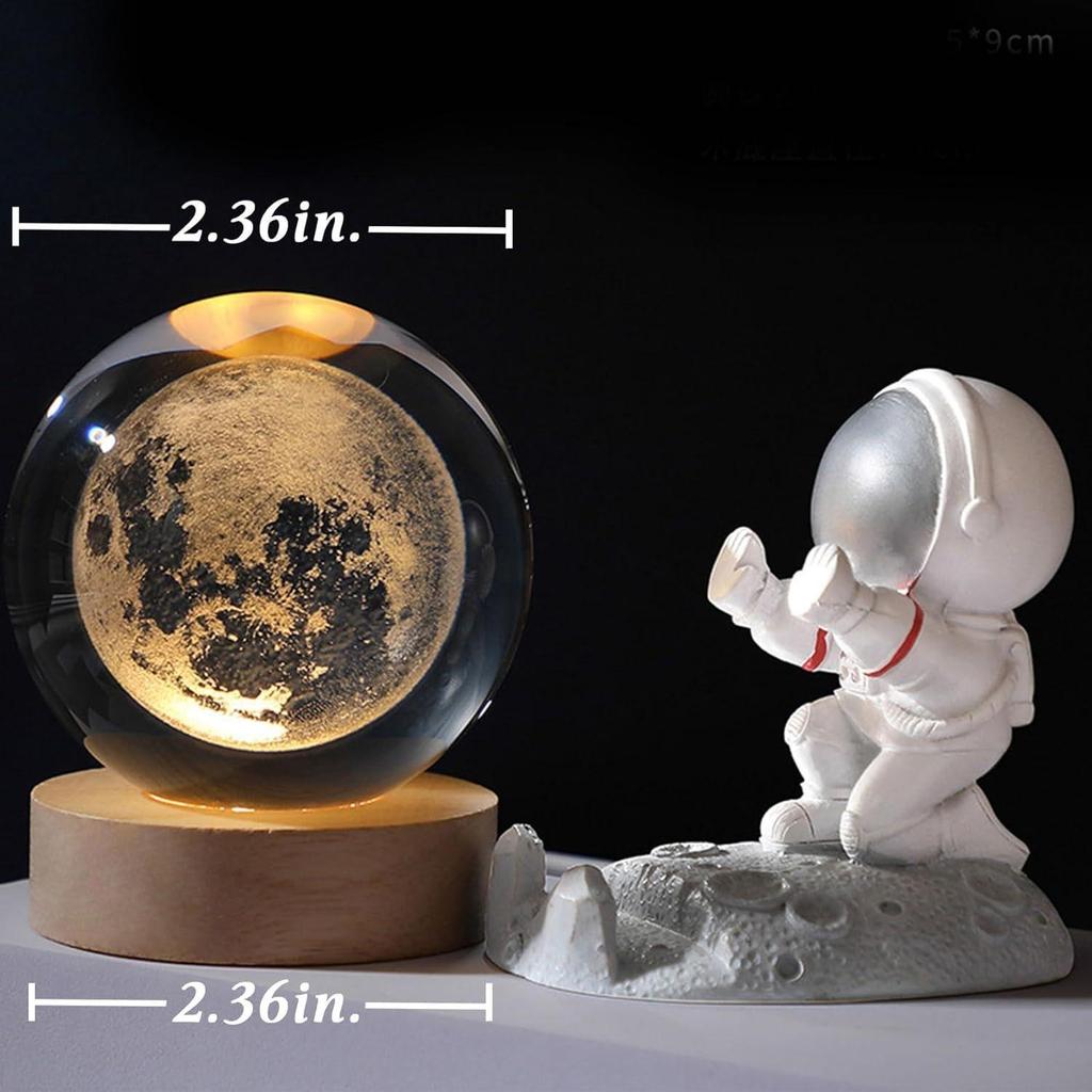 New Moon Crystal Night Light Decorative Quartz Glass Ball Bedroom Table Light, Engraved Model Astronomy Décor, Universe Gift
