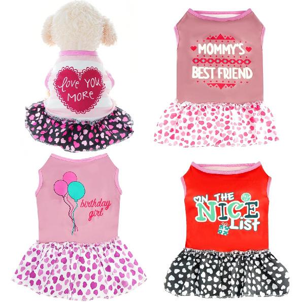 4 Pack Adorable Girl Puppy Printed Doggy Clothes for Small Dogs - Girl Holiday Apparel Dresses(M)