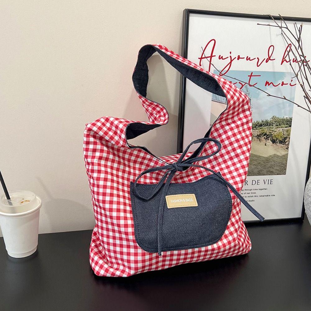 Cloth Denim Shoulder Bag Japanese Style Canvas Tote Bag Double Sided Plaid Denim Vest Bag  Travel