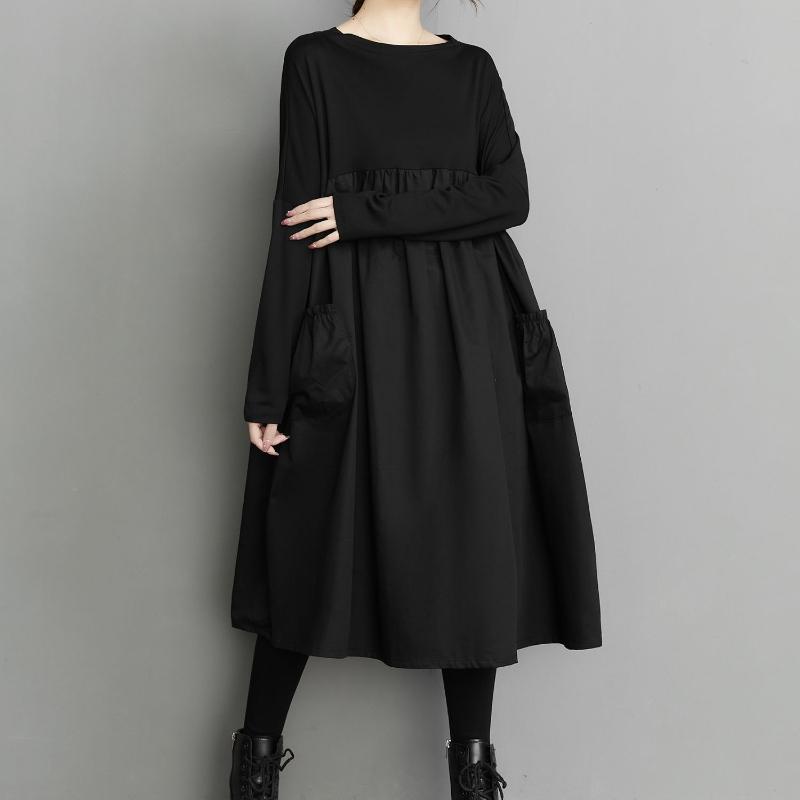 Long Sleeve Black Big Pocket Patchwork Dresses for Women Loose Casual Vintage Dress Fashion Elegant Clothing Spring Autumn 2025
