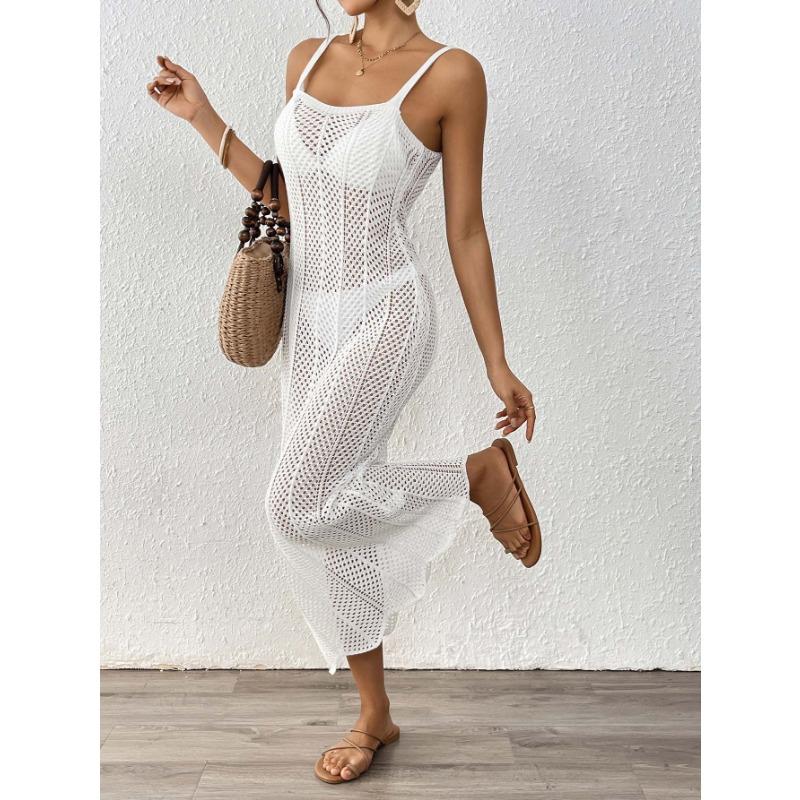 Женское пляжное тканое полое сексуальное облегающее праздничное платье с бретелькой через шею длинное