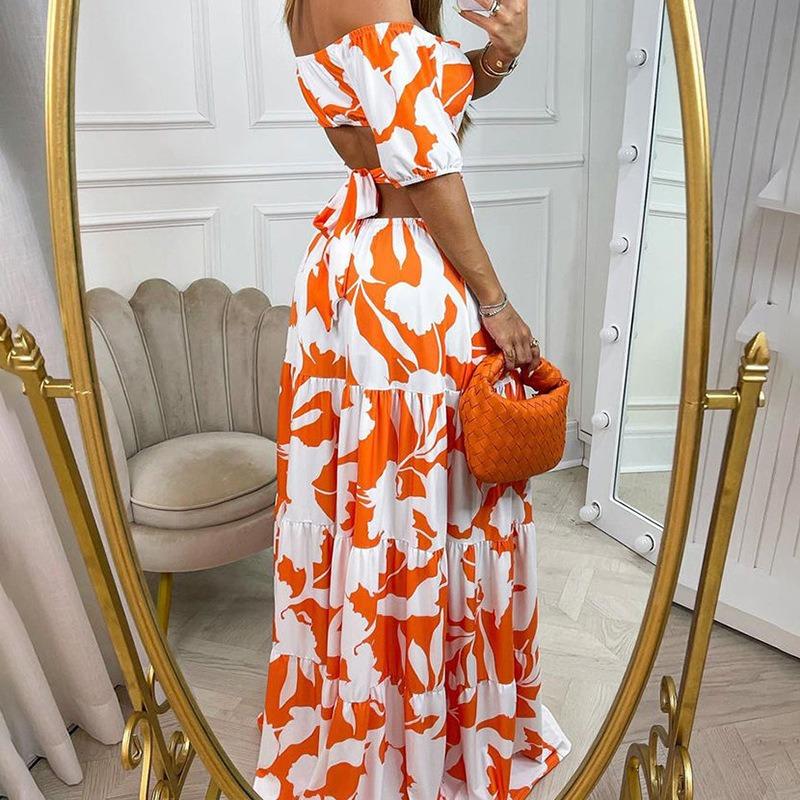 Women Sexy Off Shoulder Printed Lace Up Cutout High Waist Slim Fit Long Swing Dress