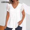 Summer Solid Colour V-neck Lace Casual T-shirt Short Sleeve Top for Women