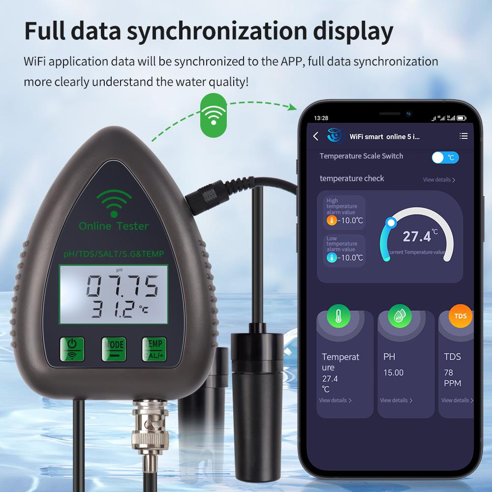 WiFi Smart Water Quality Tester 5 In 1 TDS EC SALT S.G.TEMP PH Meter Digital Water Monitor for Aquariums Swimming Pool EU Plug