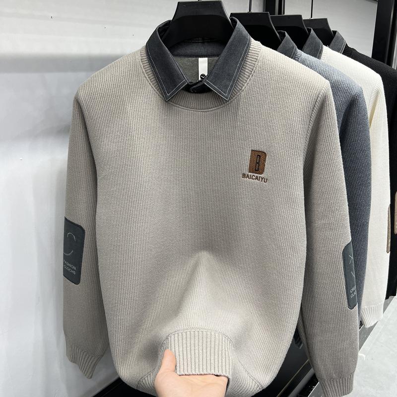Autumn And Winter Trendy Brand Fake Two-Piece Shirt Collar Long-Sleeved Sweater Knitted Sweater Warm Casual Fashion Men