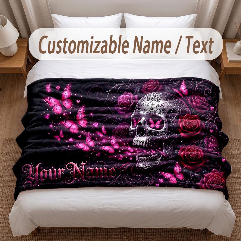 Skull Gothic Theme Soft Blanket Personalized Custom Name Text Print Warm Blanket Home Sofa Bedroom Decor